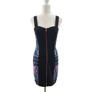 Greedilous P.Y.H Womens 38 Mini Dress Black Multicolor Sleeveless Zipper Bodycon